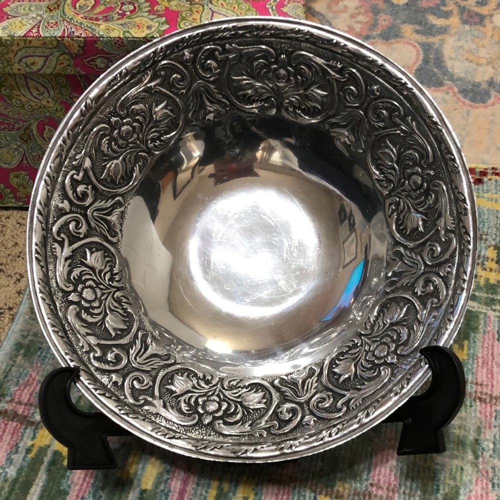 Heavy scroll work silver plated metal alloy bowl